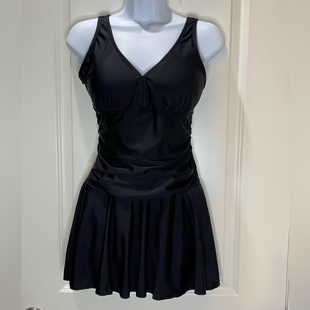 Shekini Black One Piece Swim Dress with Shorts Ruched Padded Size Medium